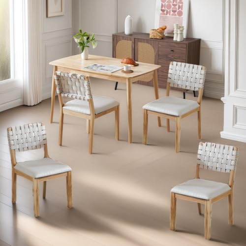 VINGLI Beige Woven Wooden Dining Chairs Set of 4,Armless Mid