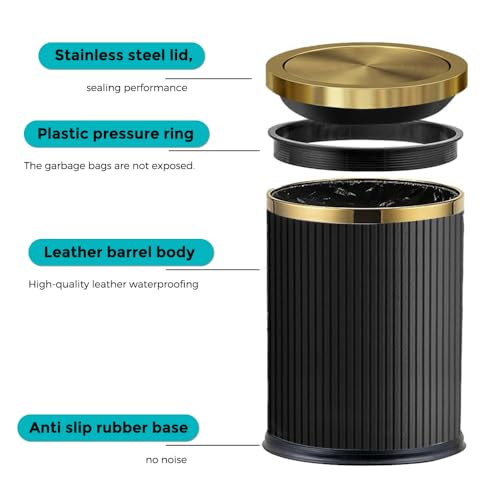 Image of 4 Gallon Bathroom Trash Can with Lid, Black Leather Garbage Can, Modern, Bedroom Wastebaskets, for Kitchen Powder Room Hotel Office (15L Black)