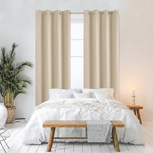 Cozyor Praktisches Set ohne Bohren: 2X Vorhang + 1x Klemmstange Silber 111-200 cm + 2X Raffhalter mit Magnet Blickdicht & verdunkelnd, als Raumteiler, Fenster & Tür Beige Thermovorhang 240x135cm