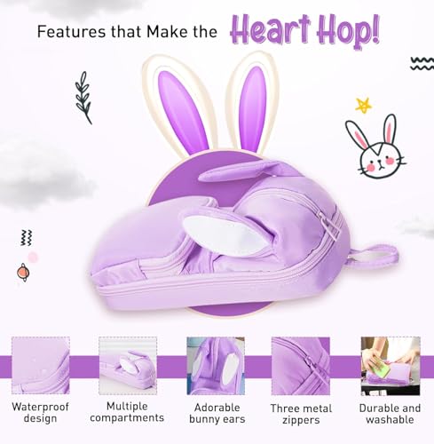 Image of DEOXY Polyester Large Capacity Pencil Pouch for Girls & Boys with 3 Zippers & 5 Compartments | Waterproof Aesthetic Cute Bunny Ears Standing Pencil Case for Kids, Multiutility Pouch (Purple /Lilac)