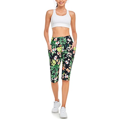 Rimless 7 Women's Capri Leggings High Waisted Yoga Capri Pants With Pockets,Knee Length Capris P26-Pattern Flower-S #TOP4