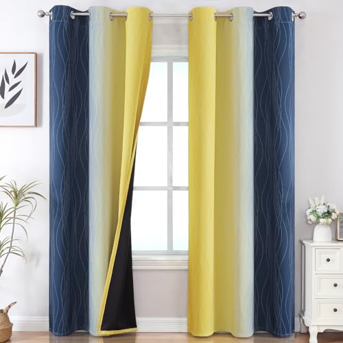 Navy Blue and Yellow Ombre Blackout Curtains for Living Room 84 Inch Long
