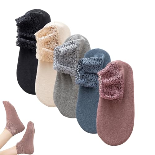 Fashion Lace Warmer Socks for Women, Cozy Non-Slip Ankle Socks with Lace Trim, Cute Ruffle Short Sock for Autumn Winter (5PCS-A)