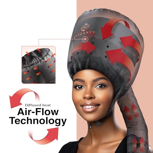 Eleganty Bonnet Hairdryer Attachment with Integrated Elastic Headband That Reduces Heat Around Ears & Neck - Hooded Hair Dryer Diffuser Cap, Used for Deep Conditioning and Hair drying (shiny black)