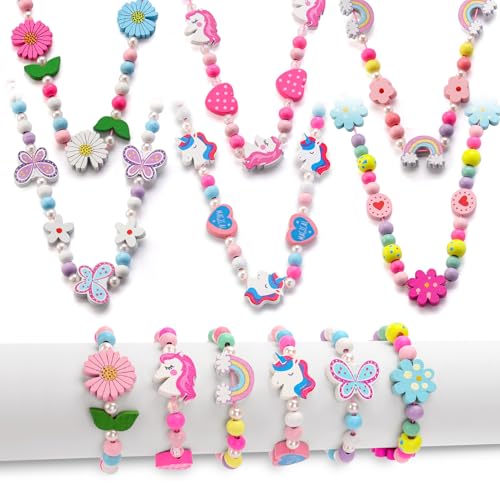 Suofuolef 6 Sets Holz Armbänder und Ketten für Mädchen, Bunte Einhorn Blumen Freundschaftsarmband, Mitgebsel Kindergeburtstag Gastgeschenke Geflochten Armband Schmuck für Mädchen Teenager Frauen