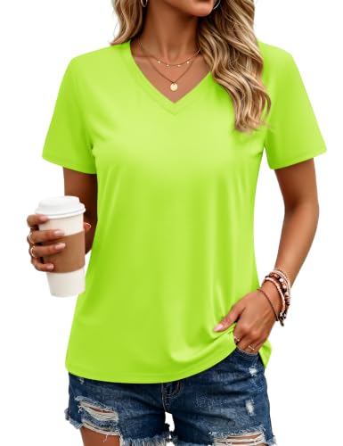 MAGCOMSEN Cotton Shirt for Women Short-Sleeve Classic-Fit Breathable V-Neck T-Shirt Basic Solid Casual Tee Fluorescent Green L