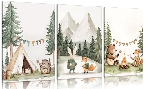 3Pcs Woodland Animal Nursery Wall Art Safari Animal Camping Canvas