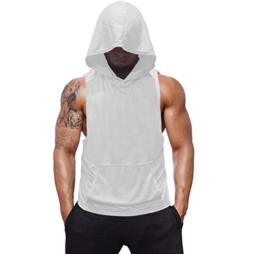 SZKANI Mens Sleeveless Hoodie Fitness Vest Bodybuilding Stringers Workout Tank Tops(1#White(no Skull),XXL)