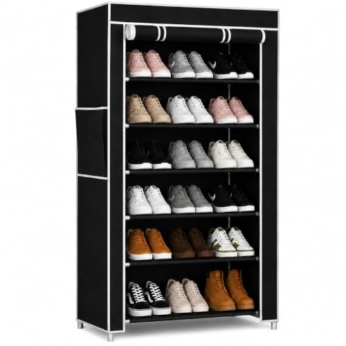 Image of EASY BUY Economy 6 Shelf Black Shoe Rack with Cover, Plastic Rack 6 Shelves with Zip Door Cover & Side Pocket | Dustproof Storage Organizer for Footwear, Clothes, Toy, Shoe Rack Plastic, Slipper Stand
