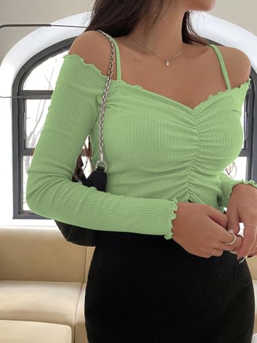 Image of Sugathari Women's Purple Solid Colour Open Cold Off Shoulder Long Sleeve Lettuce Hem Casual Autumn Trim Tight- Slim Fitting Ruched Front Ladies' Camisole Top, Tee, T-Shirt (T-Shirt 184)