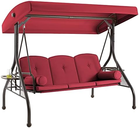 GYUTEI 3-Seat Outdoor Patio Swing Chair,Porch Swing Chair with Adjustable Backrest and Canopy,Outdoor Porch Swing Glider Chair,w/Cushions,Pillows and Cup Holders for Porch, Backyard(Wine RED)