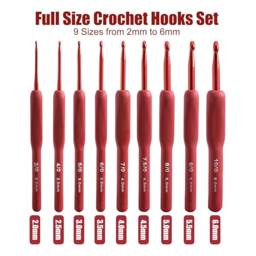Image of VIRADHAM Ergonomic Crochet Hook Set, 9-Piece Soft Touch Aluminum Crochet Hooks (2.0-6.0mm), Red Knitting Needles for Arthritic Hands, Comfortable Grip Crochet Kit for Beginners & Professionals (9 Pcs RED)