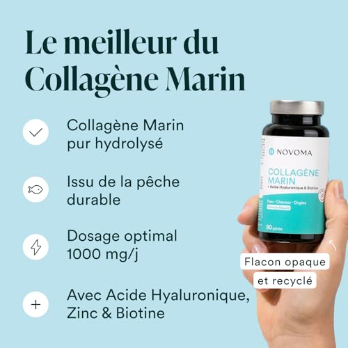NOVOMA Collagène Marin + Acide Hyaluronique, 1000 mg de Collagene Pur Hydrolysé Type 1 & 3, Avec Vitamine C, Zinc et Biotine, Beauté de la Peau, Cheveux et Ongles, 90 gélules – Image 4