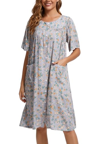 Image of COSUNIONY House Dresses for Women Cotton Short Sleeve House Coat Buttons Down Dusters Robe with Pockets S-XXL