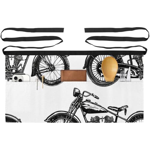 Lot de 3 tabliers courts de serveur avec 3 poches pour bistrot et bar à motif moto multicolore