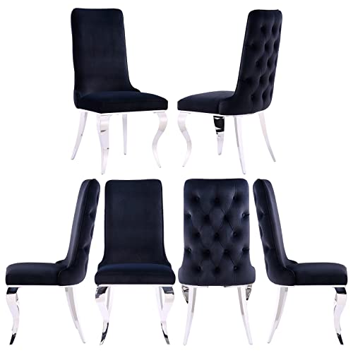 Azhome Dining Chairs, Black Velvet Upholstered Dining Room Chairs In Buttons Tufted Backrest, High Back Heavy Duty Dining Chair With Silver Mirrored Stainless Steel Legs, Set Of 6 #TOP10