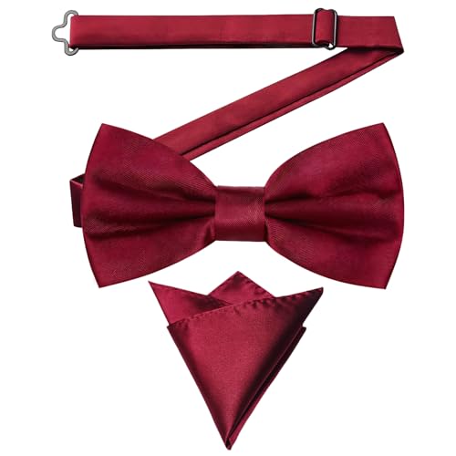 Horktrust Noeud papillon homme, noeud papillon enfant - Pré-noué & Réglable avec Pocket Square - Idéal pour Mariage, Business et Soirée - Rouge Foncé