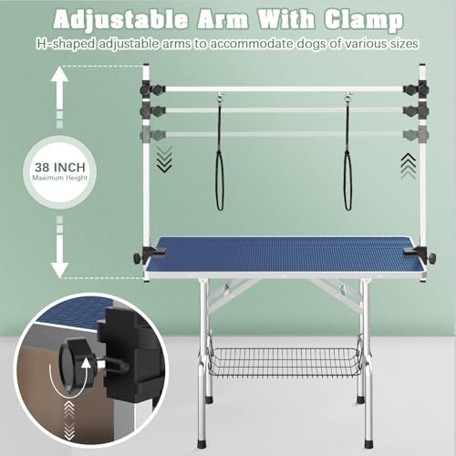 Image of Lyromix 36'' Stainless Steel Pet Dog Grooming Table, Arm /Noose /Tray, Blue