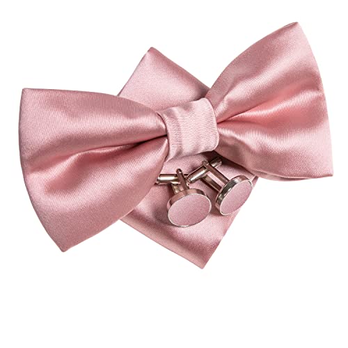 Image of Hi-Tie Pretied Bow Ties for Men Wedding Formal Bow Tie Handkerchief Cufflinks Lapel Pin Set Party Formal Mens Bowtie Set, Pink Solid, Medium
