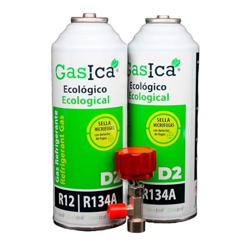 Todoeléctrico - Gasica D2 PACK AHORRO (2x226Gr) Botellas Gas Refrigerante Ecológico Gasica D2 sustituto de R12, R134A más llave recarga gas para aire acondicionado