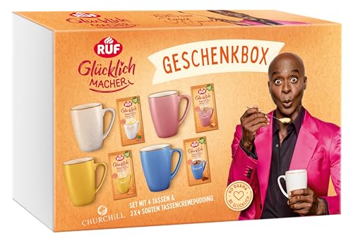 RUF Glücklichmacher Geschenkbox mit 4 hochwertigen Churchill Tassen und 8 Tassenpuddingen