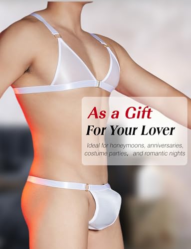 Adigau Transparent Herren Sissy Dessous Set Vorne Offener BH mit G String 2PC Erotik Unterwäsche Gay Schlafanzug Männer Reizwäsche Weiß M