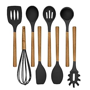 Country Kitchen Silicone Cooking Utensils, 8 Pc Kitchen Utensil Set, Easy to Clean Wooden Kitchen Utensils, Cooking Utensils for Nonstick Cookware, Kitchen Gadgets and Spatula Set – Black