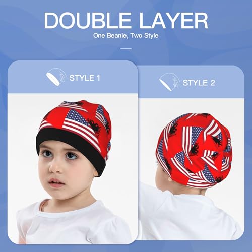 American Flag and Flag of Albania Kids Leisure Elastic Knitted Hat Junior Large Size Knit Cap Child Beanie Black3