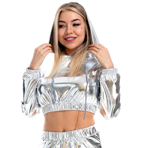 OBEEII Womens Shiny Metallic Crop Top Long Sleeve Shirt...