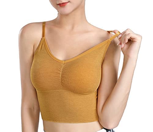 Women Cotton Padded Wire Free Long Patti Longline Sports Bra Cami Tank Top for Workout Fitness Yoga Free Size (Pack of 1), Size (28-32) Yellow-picture-34