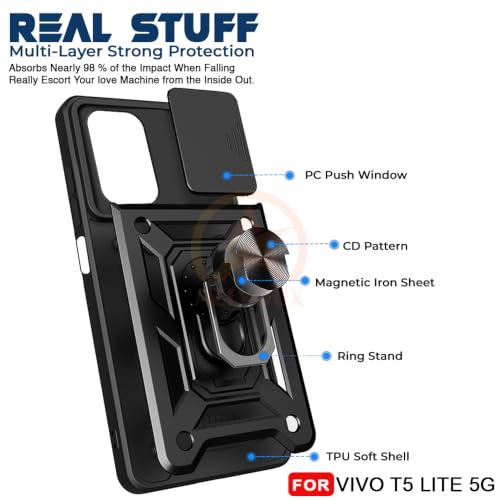 Image of Armor Bumper Back Cover Case for Vivo T5 Lite 44W 5G Rotating Camera Cover, Ring Holder & Kickstand | Heavy Duty & 360 Degree Protection Back Cover for Vivo T5 Lite 44W 5G (Black)