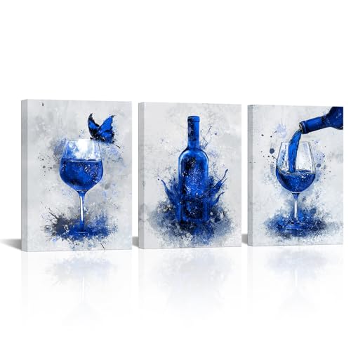 Conipit Blue Wine Wall Decor for Dining Room Wine Glass Wall Painting Royal Blue Wall Pictures Prints Artwork Bar Restaurant Decoration 12x16inch per each