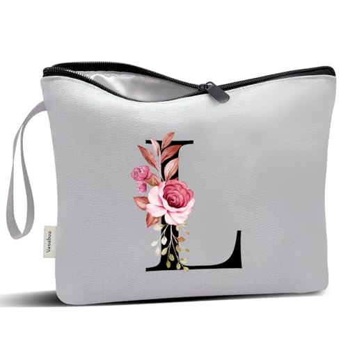 Image of Vavabox A-Z Personalized Makeup Bag, Birthday Gifts for Women Mom, Gifts for Best Friend, Bride Bridesmaid Cosmetic bag (L, Grey)