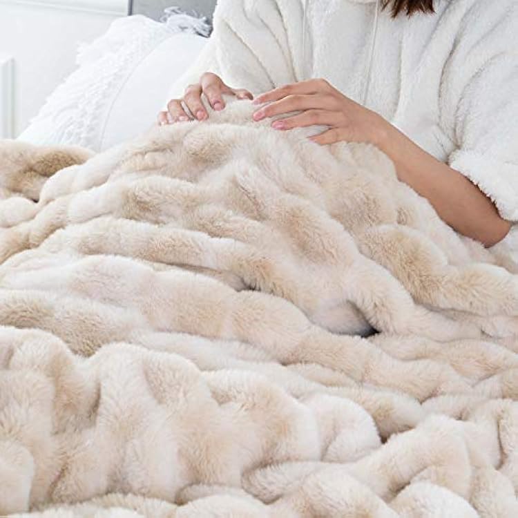 BATTILO HOME Ruched Luxurious Soft Beige Faux Fur Throw Blanket Fuzzy Plush Elegant with Reversible Mink Blanket for Sofa,Chair, Couch, Living Room, Home Decorative Blanket Tie dye (Beige, 50x60)