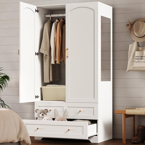 STHYTON Armoire Wardrobe Closet with 2 Storage Drawers & 2 Door Cabinet, Bedroom Armoires with Full-Length Mirror, White Freestanding Wardrobe Combination with Hanging and Organizing Clothes for Home