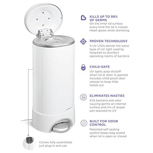 Munchkin® Uv Diaper Pail #1 In Odor Control, Led Uv Lights Kills 99% Of Germs And Odor Causing Bacteria On Lid Surface, Includes 1 Uv Refill Ring And 1 Uv Snap, Seal & Toss Bag #TOP4