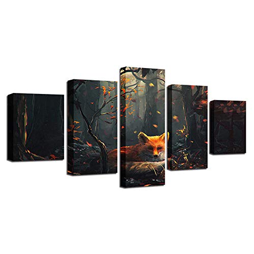 Tableau renard en 5 pièces pour décoration murale moderne de salon