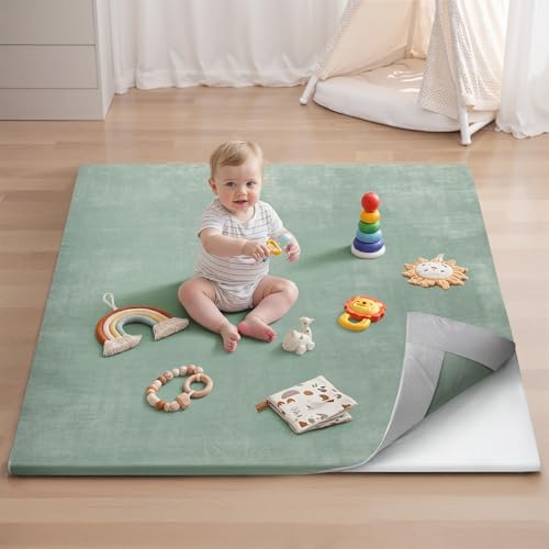 Image of Blissful Diary Ultra Soft Baby Play Mat, 50x50 Floor Mat with Removable & Washable Slip-On Cover for Babies and Toddlers Infants, Sage Green