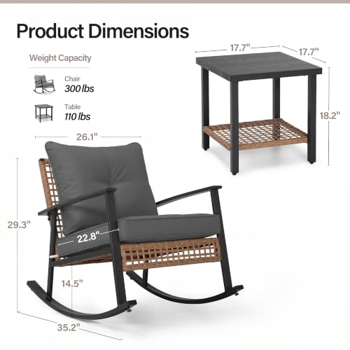 Image of LAUSAINT HOME 3-Piece Rocking Bistro Set, Outdoor Patio Furniture with Thick Cushions and 2-Tier Coffee Table, Oversize Rattan Conversation Set for Garden, Balcony, Backyard (Grey)