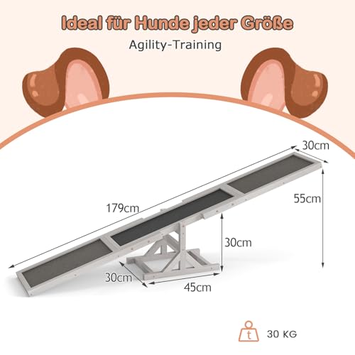 COSTWAY Hundewippe Holz, Hunde Agility Wippe, Outdoor Hundesport für Balance-Training, für kleine & große Hunde bis 60 kg, wetterfestes Spielset, 179 x 30 x 55 cm (Weiß)