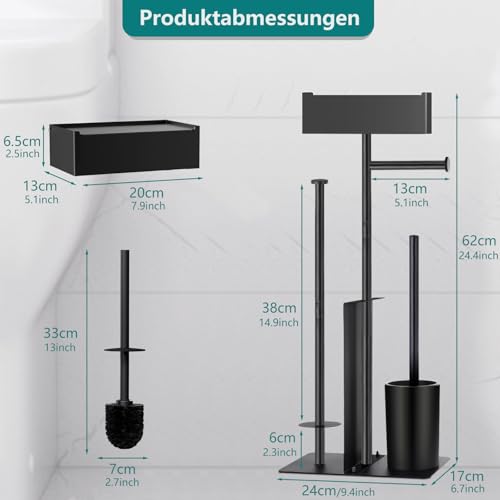 Toilettenpapierhalter Stehend mit WC Bürste - HISAMGO Edelstahl Schwarz Garnitur mit Klopapierhalter und Klobürste, Toilettenbürste und Klorollenhalter mit Feuchttücherbox
