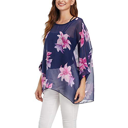 Image of Ckikiou Plus Size Batwing Flowy Semi Sheer Chiffon Blouse Tunic for Women Summer Floral Print Boho Beach Cover ups