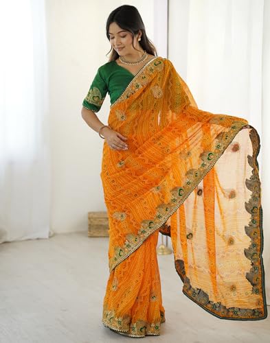 SIRIL Women's Georgette Bandhani Printed and Embroidery Saree with Unstitched Blouse Piece