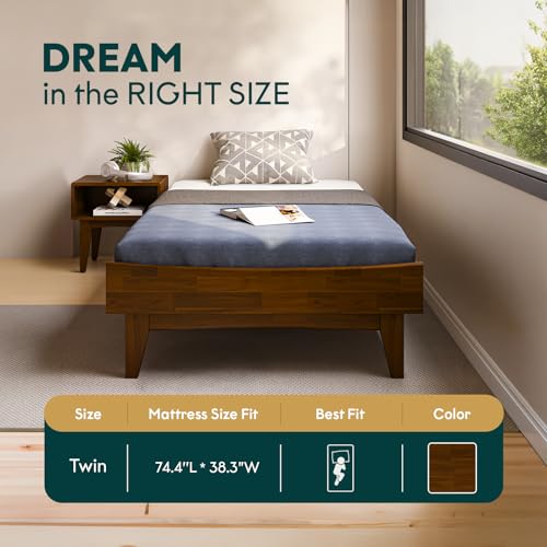 Image of Bme Catherine Twin Platform Bed Frame, Modern Bed Frame Without Headboard, Wooden Low Profile Bed Frame, Acacia Wood Platform Bed Frame, No Box Spring Needed, Supports up to 500lbs - Dark Chocolate