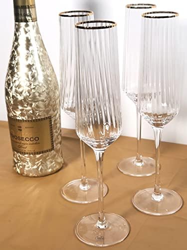 dylex 4 x Gold Rim Ribbed Champagne Flutes Glasses Cava Prosecco Glass