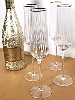 dylex 4 x Gold Rim Ribbed Champagne Flutes Glasses Cava Prosecco Glass