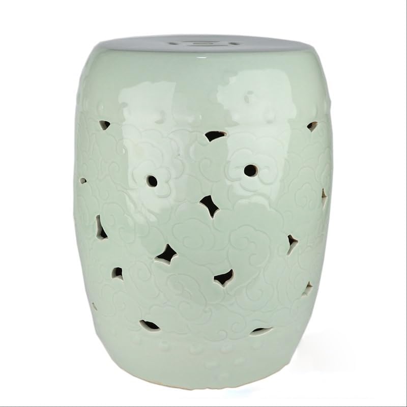 Ceramic Garden Stool Decorative Garden Stools Antique Blue and White Twining Lotus Stool Hand-Painted Hollow Landscape Drum Stool Bean Green Dressing Cooler Ornaments Garden Stool(E)