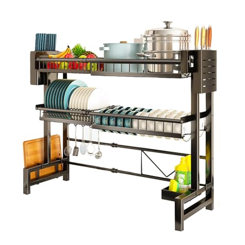 KERALI Escurridor de platos para colocar sobre el fregadero, de acero inoxidable, escurridor retráctil sobre el fregadero, estante de cocina ajustable para el hogar, estante de secado de platos para