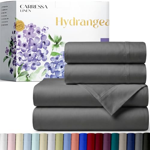 Carressa Linen 100% Egyptian Cotton Queen Sheet Set - 600 Series Hydrangeas Collection Egyptian Cotton Queen Sheets Set (4 PC, Dark Grey), 16" Deep Pocket Sateen Weave Luxury Hotel Bed Sheet