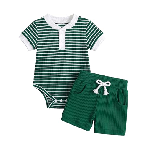 Hihosdor Baby Boy Clothes Ribbed Short Sleeve Striped Romper Top Solid Color Shorts Set with Pockets Baby Boy Summer Outfits, Emerald Green, 9-12 Months